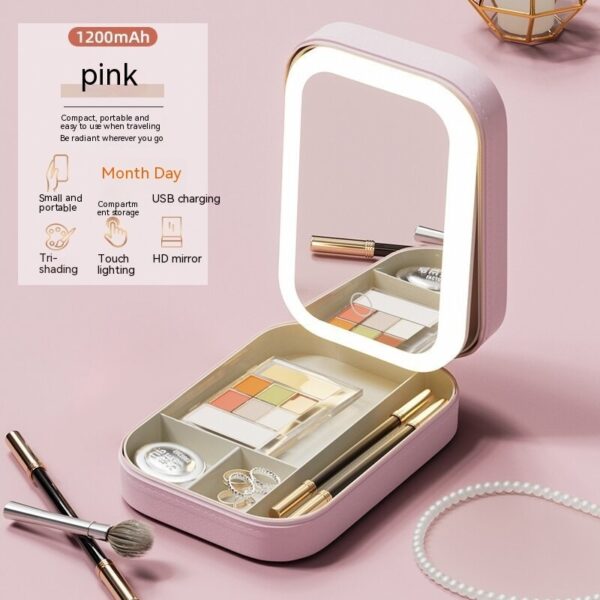 Makeup Storage Box With LED Light Mirror Portable Travel Makeup Cosmetics Storage Box Touch Light Storage Organizer - Image 4